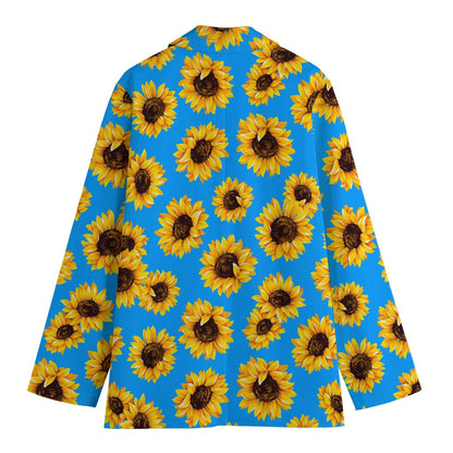 Blue Sunflower Pattern Print Women's Cotton Blazer