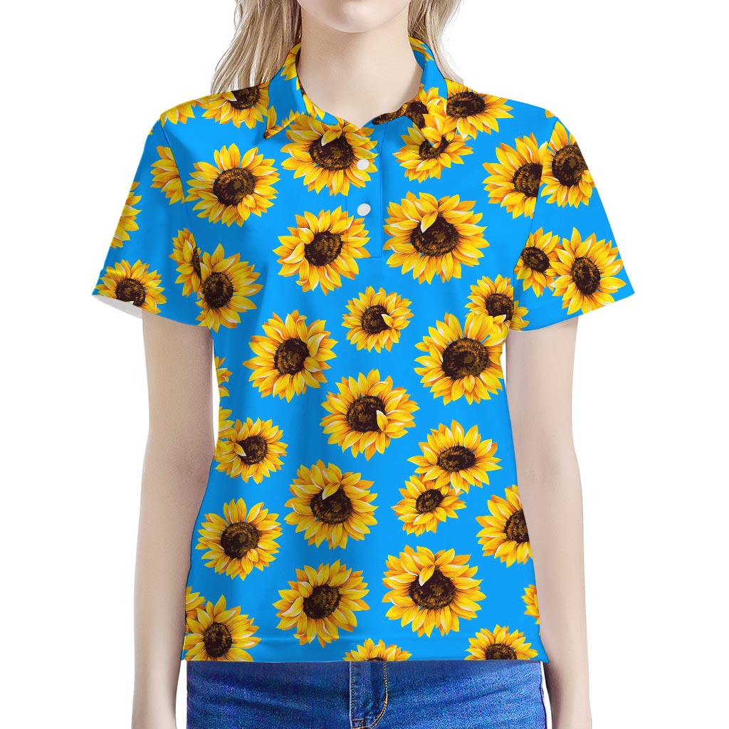 Blue Sunflower Pattern Print Women's Polo Shirt