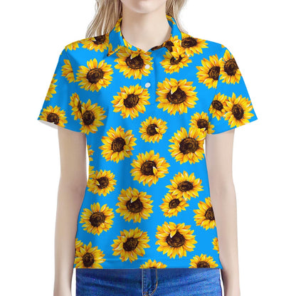 Blue Sunflower Pattern Print Women's Polo Shirt