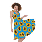 Blue Sunflower Pattern Print Women's Sleeveless Dress