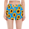 Blue Sunflower Pattern Print Women's Split Running Shorts