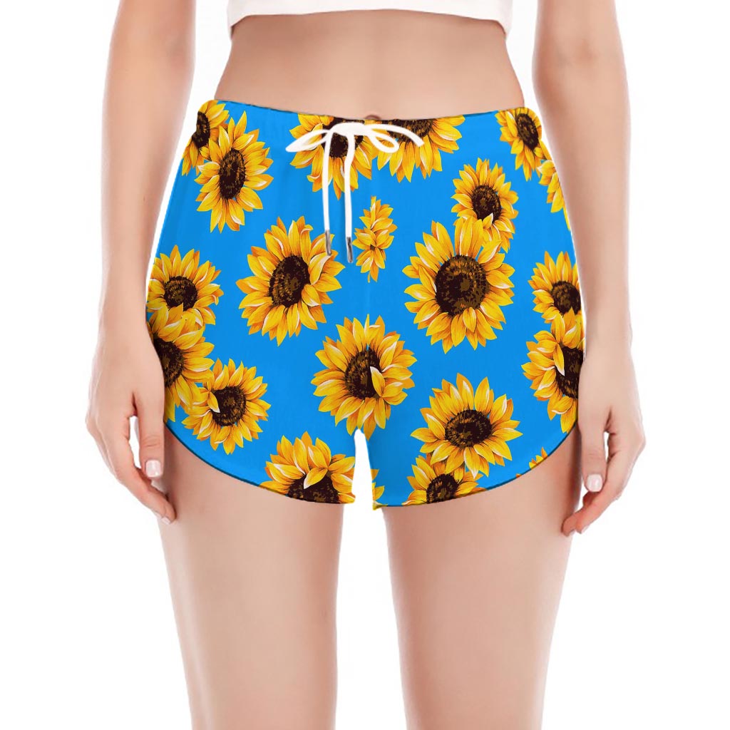 Blue Sunflower Pattern Print Women's Split Running Shorts