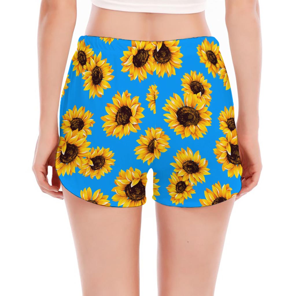 Blue Sunflower Pattern Print Women's Split Running Shorts