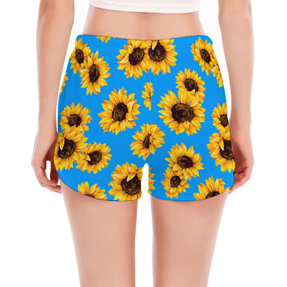 Blue Sunflower Pattern Print Women's Split Running Shorts
