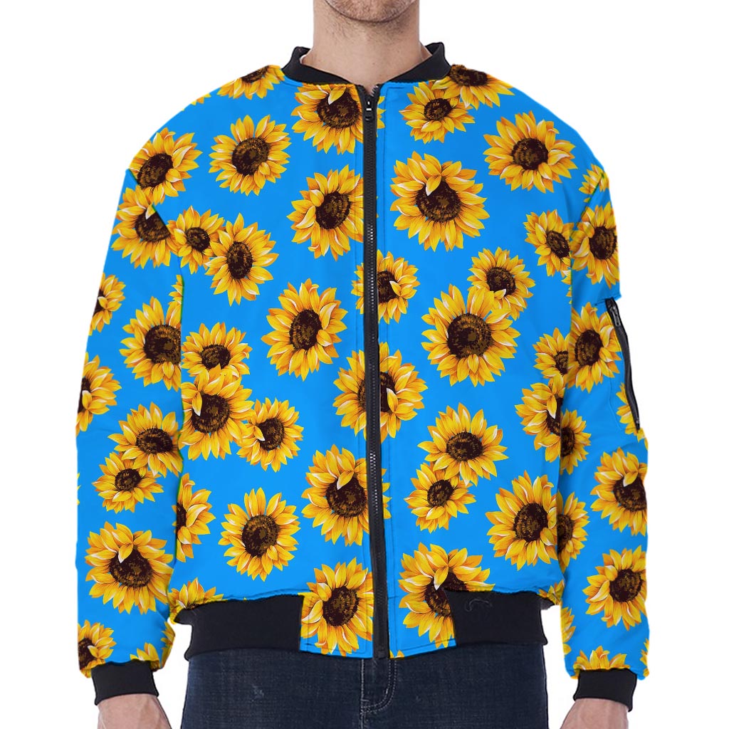 Blue Sunflower Pattern Print Zip Sleeve Bomber Jacket