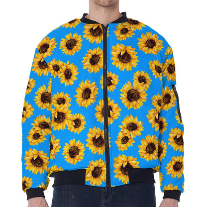Blue Sunflower Pattern Print Zip Sleeve Bomber Jacket