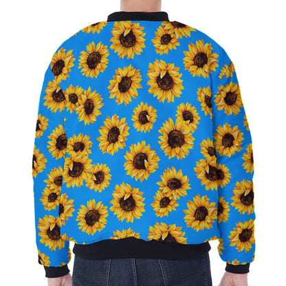 Blue Sunflower Pattern Print Zip Sleeve Bomber Jacket