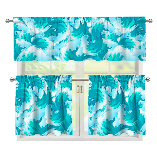 Blue Surfing Wave Pattern Print 3 Piece Kitchen Curtains