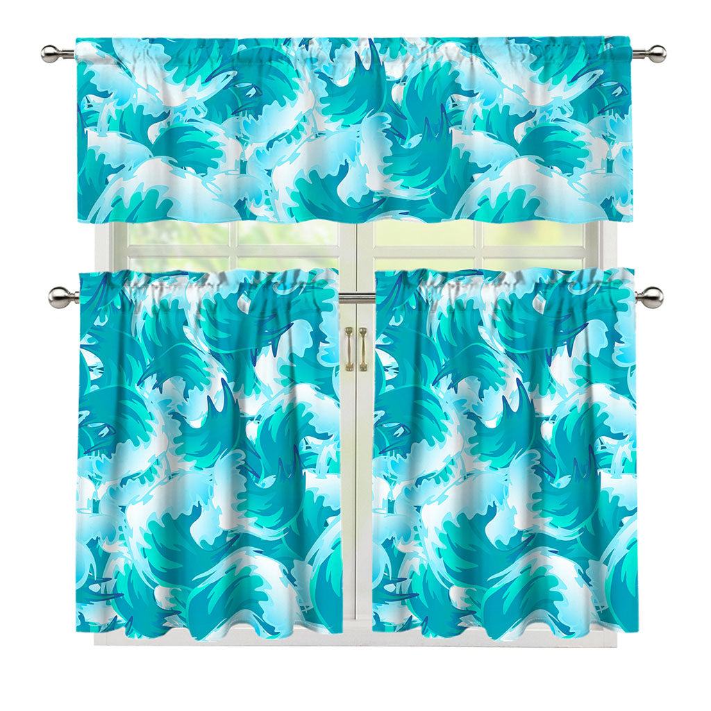 Blue Surfing Wave Pattern Print 3 Piece Kitchen Curtains