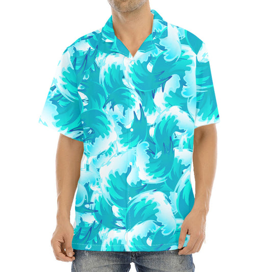 Blue Surfing Wave Pattern Print Aloha Shirt