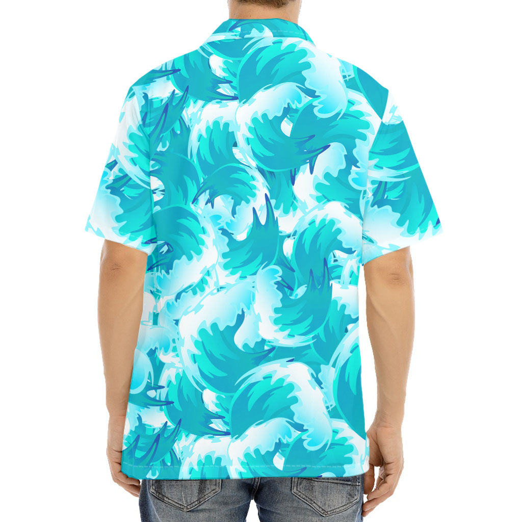 Blue Surfing Wave Pattern Print Aloha Shirt