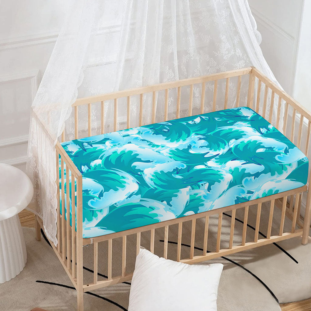 Blue Surfing Wave Pattern Print Baby Crib Sheet