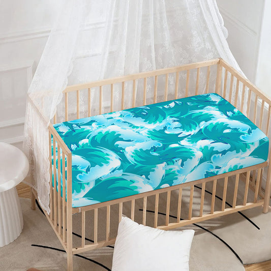 Blue Surfing Wave Pattern Print Baby Crib Sheet