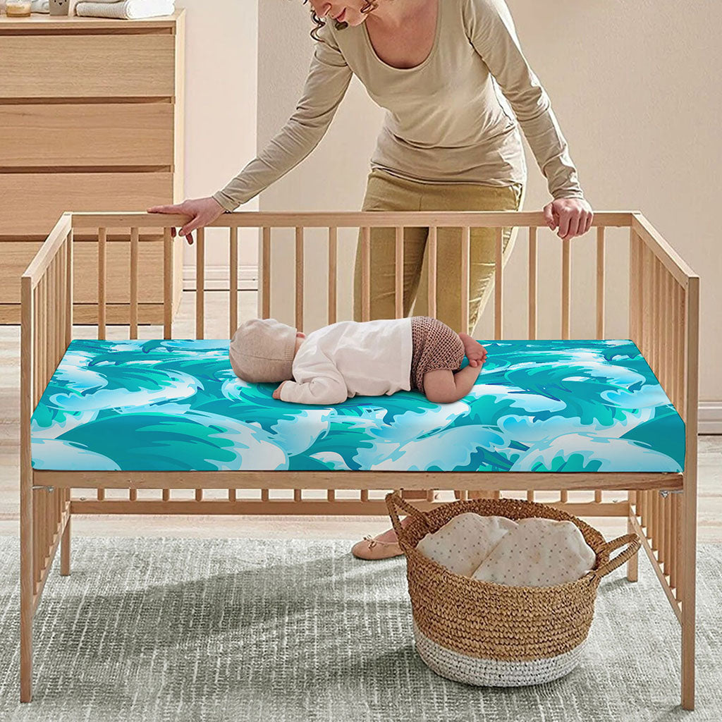 Blue Surfing Wave Pattern Print Baby Crib Sheet