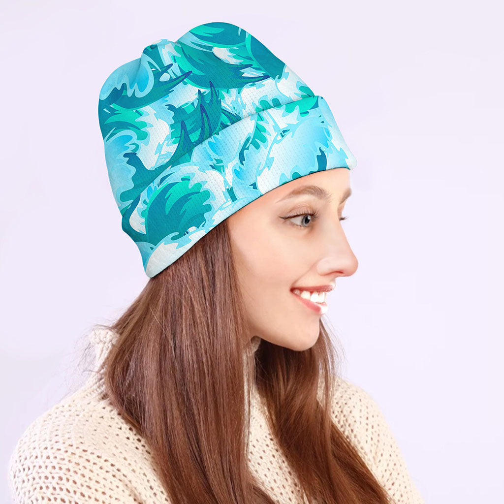 Blue Surfing Wave Pattern Print Beanie