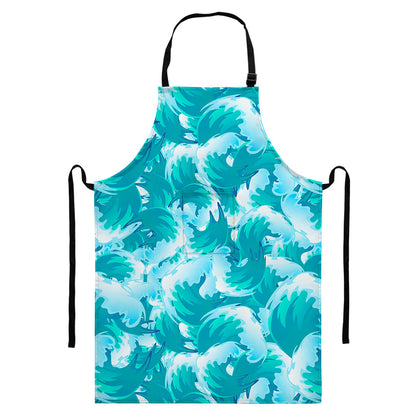 Blue Surfing Wave Pattern Print Bib Apron With Pocket