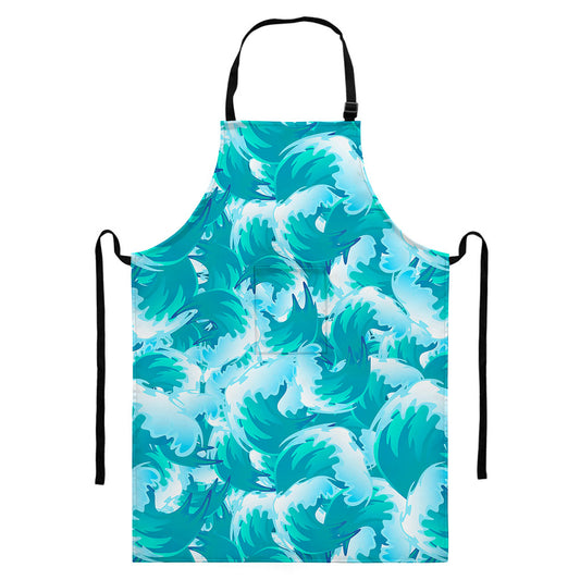 Blue Surfing Wave Pattern Print Bib Apron With Pocket