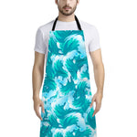 Blue Surfing Wave Pattern Print Bib Apron With Pocket