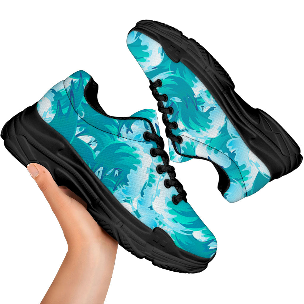 Blue Surfing Wave Pattern Print Black Chunky Shoes