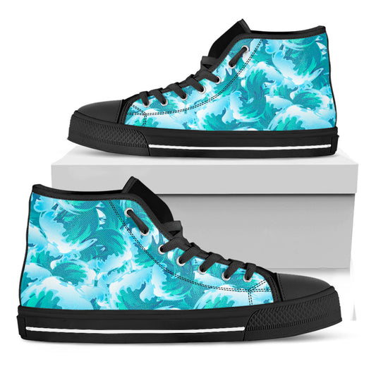 Blue Surfing Wave Pattern Print Black High Top Sneakers