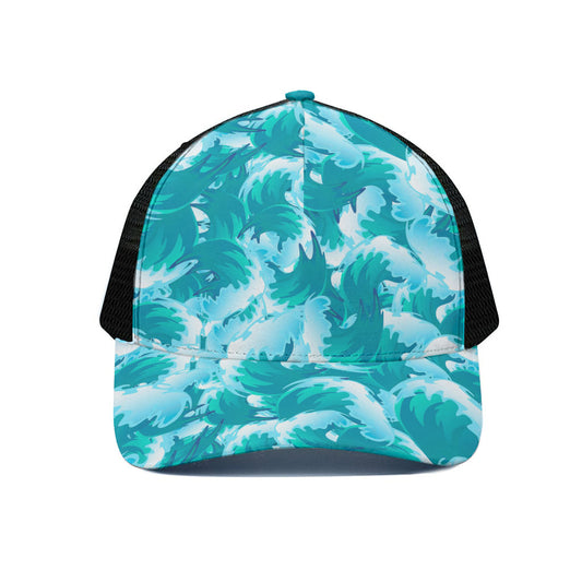 Blue Surfing Wave Pattern Print Black Mesh Trucker Cap