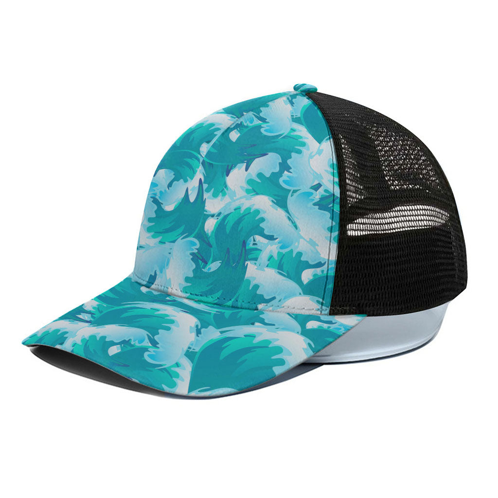 Blue Surfing Wave Pattern Print Black Mesh Trucker Cap