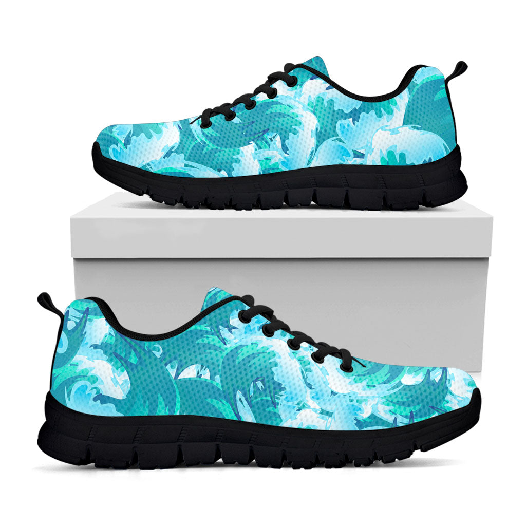 Blue Surfing Wave Pattern Print Black Running Shoes