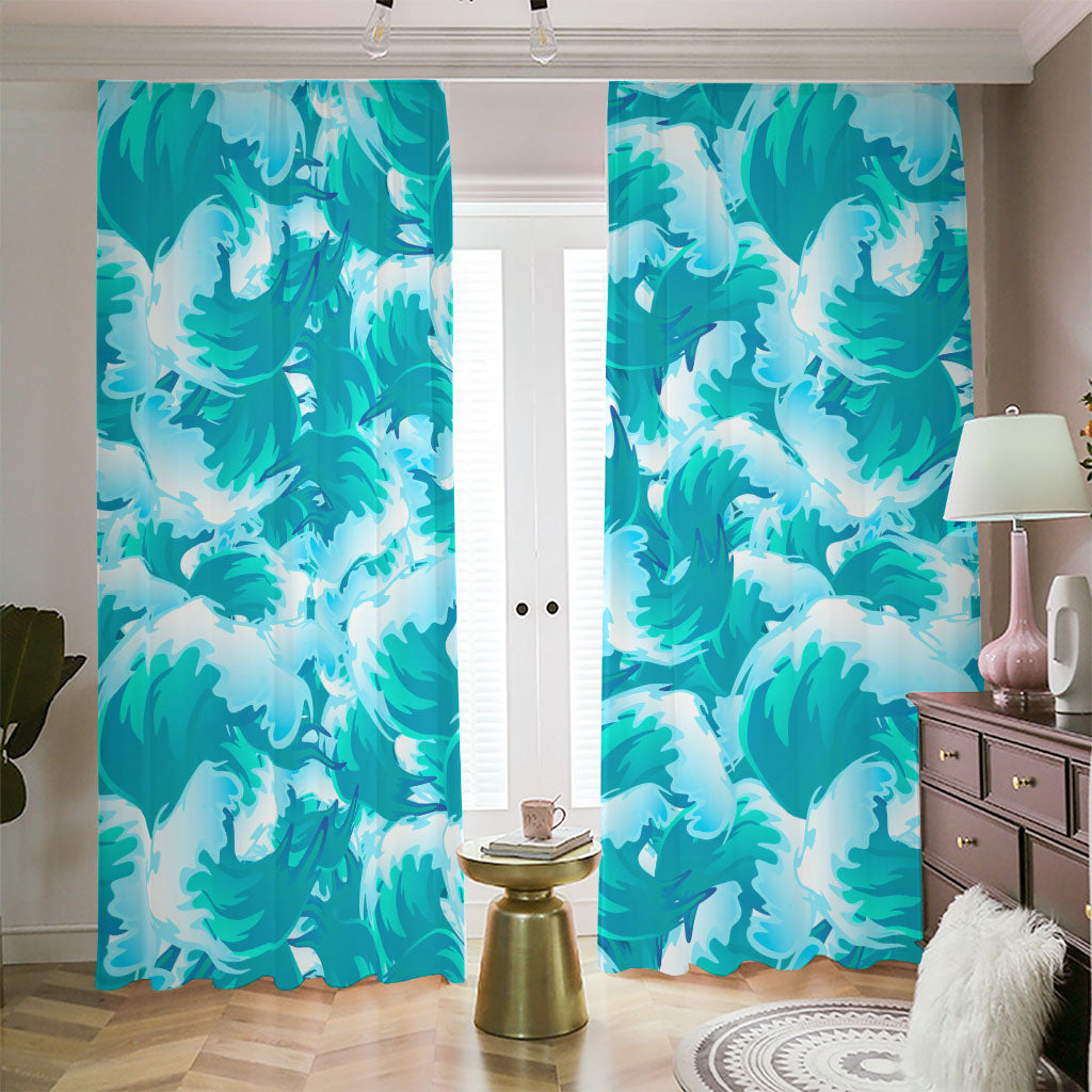 Blue Surfing Wave Pattern Print Blackout Pencil Pleat Curtains