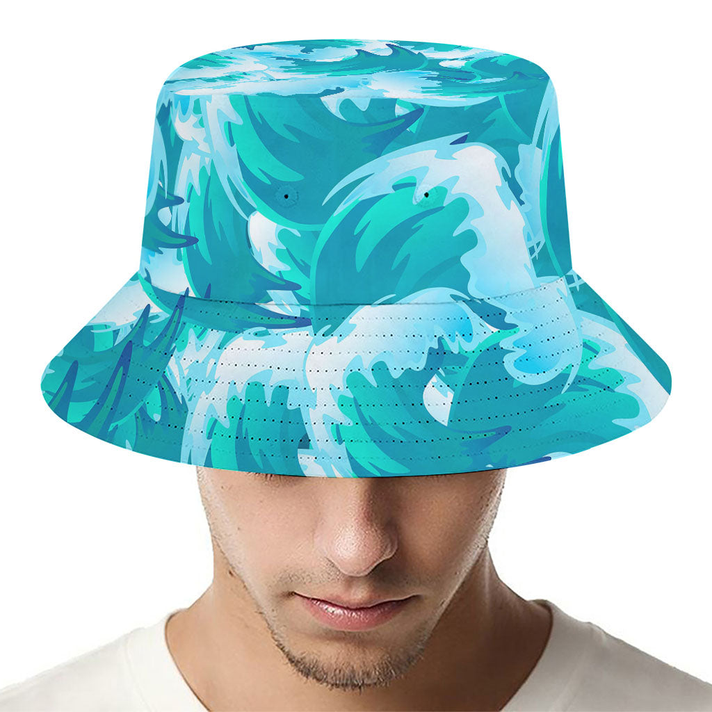 Blue Surfing Wave Pattern Print Bucket Hat