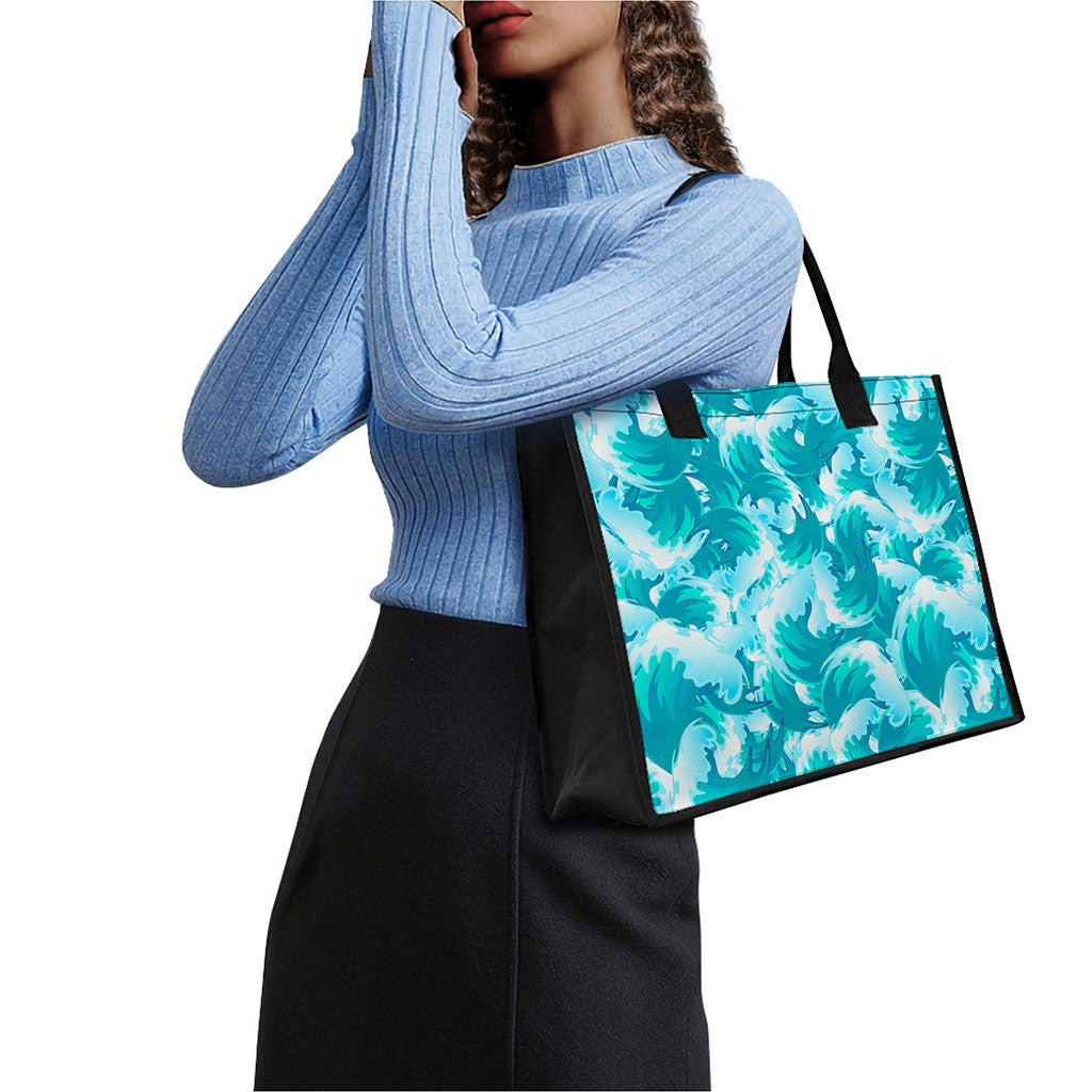 Blue Surfing Wave Pattern Print Canvas Tote Bag