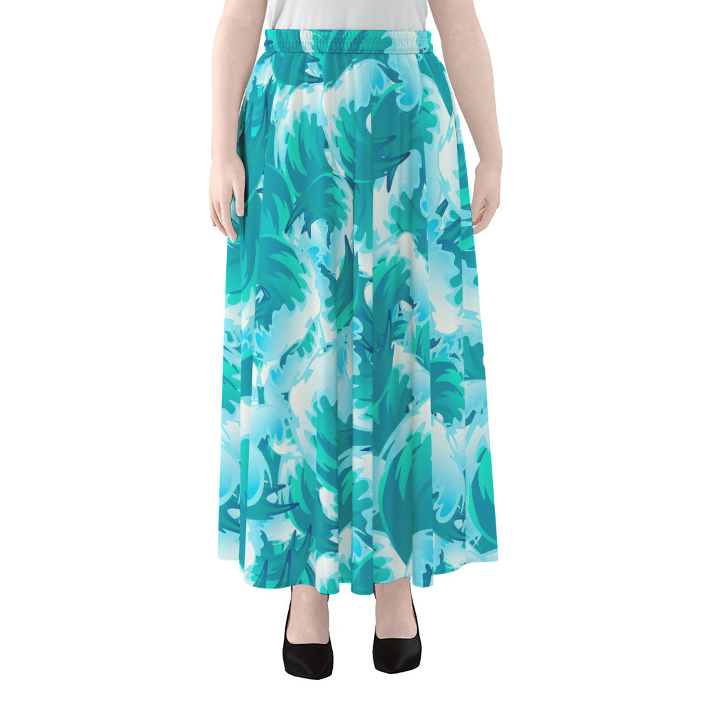 Blue Surfing Wave Pattern Print Chiffon Maxi Skirt