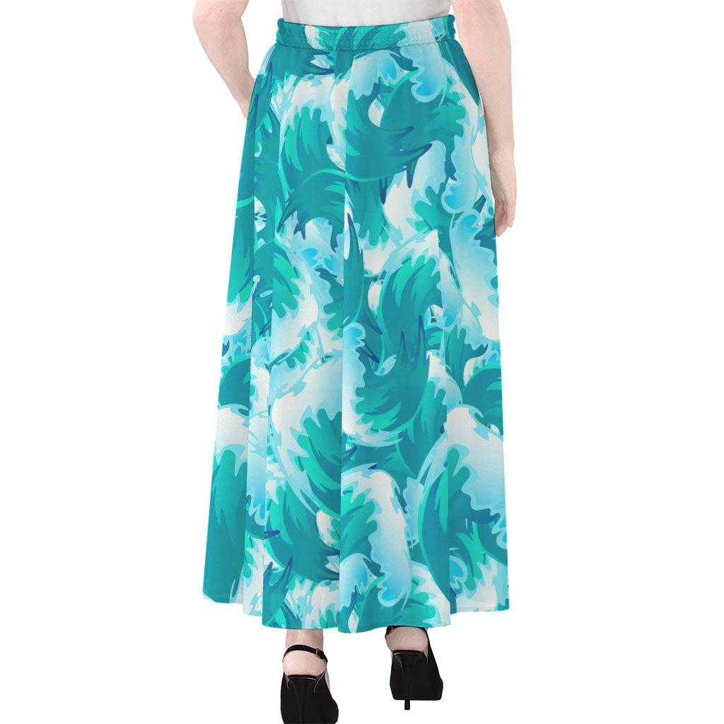 Blue Surfing Wave Pattern Print Chiffon Maxi Skirt