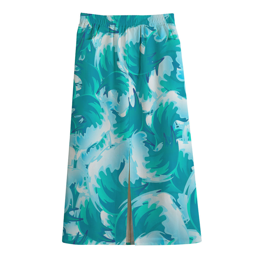 Blue Surfing Wave Pattern Print Cotton Front Slit Maxi Skirt