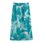 Blue Surfing Wave Pattern Print Cotton Front Slit Maxi Skirt