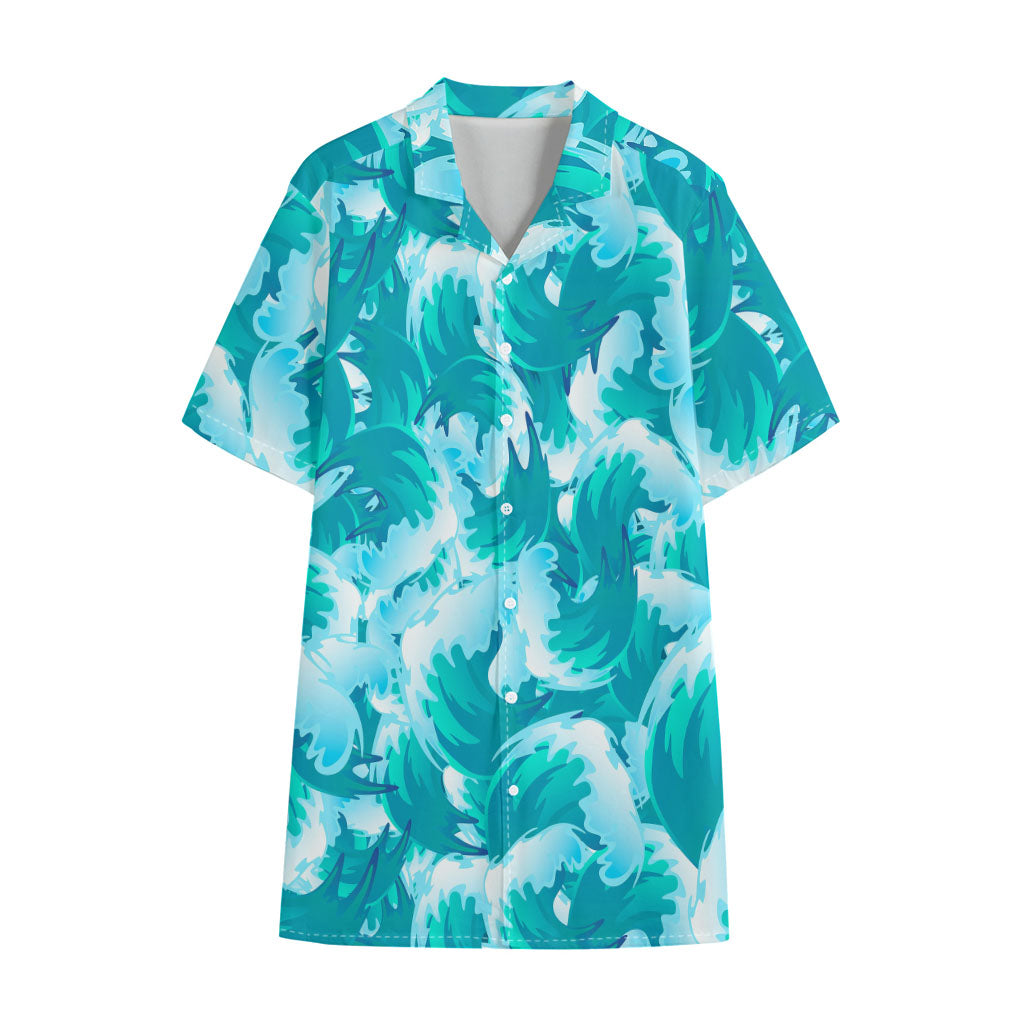 Blue Surfing Wave Pattern Print Cotton Hawaiian Shirt