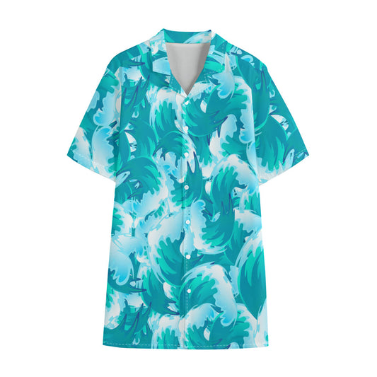 Blue Surfing Wave Pattern Print Cotton Hawaiian Shirt