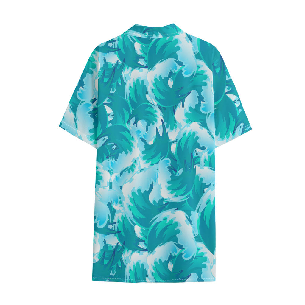 Blue Surfing Wave Pattern Print Cotton Hawaiian Shirt
