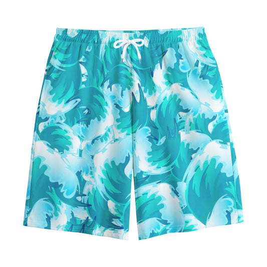 Blue Surfing Wave Pattern Print Cotton Shorts