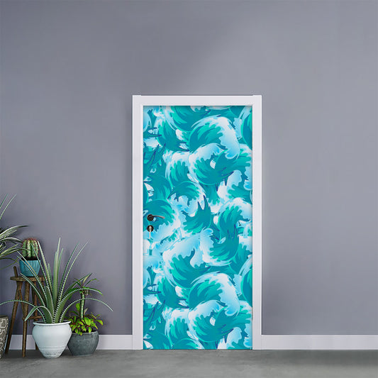 Blue Surfing Wave Pattern Print Door Sticker