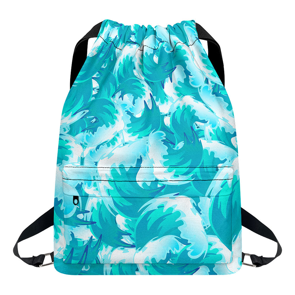 Blue Surfing Wave Pattern Print Drawstring Backpack