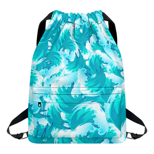 Blue Surfing Wave Pattern Print Drawstring Backpack