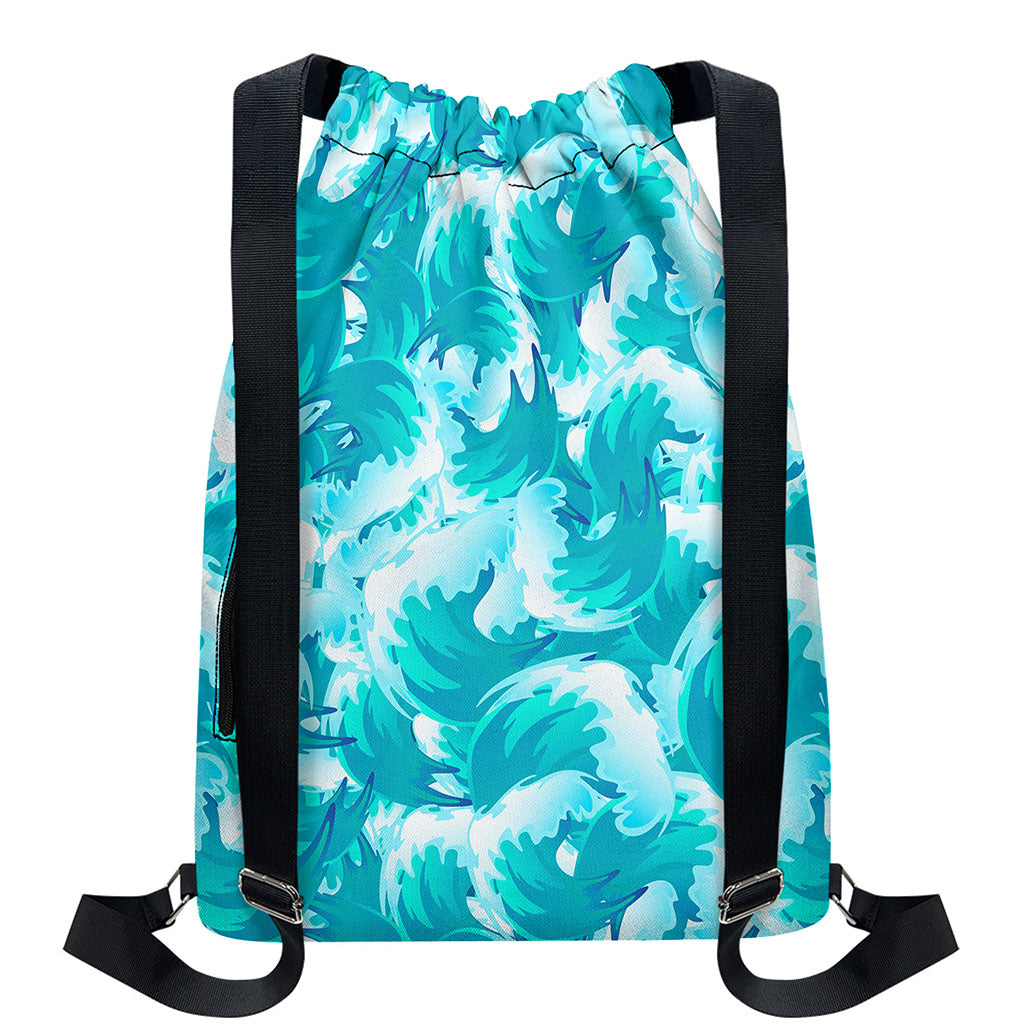 Blue Surfing Wave Pattern Print Drawstring Backpack
