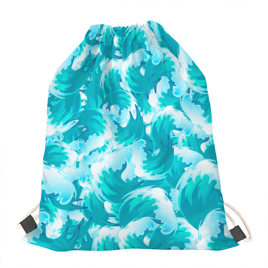 Blue Surfing Wave Pattern Print Drawstring Bag