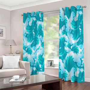 Blue Surfing Wave Pattern Print Extra Wide Grommet Curtains