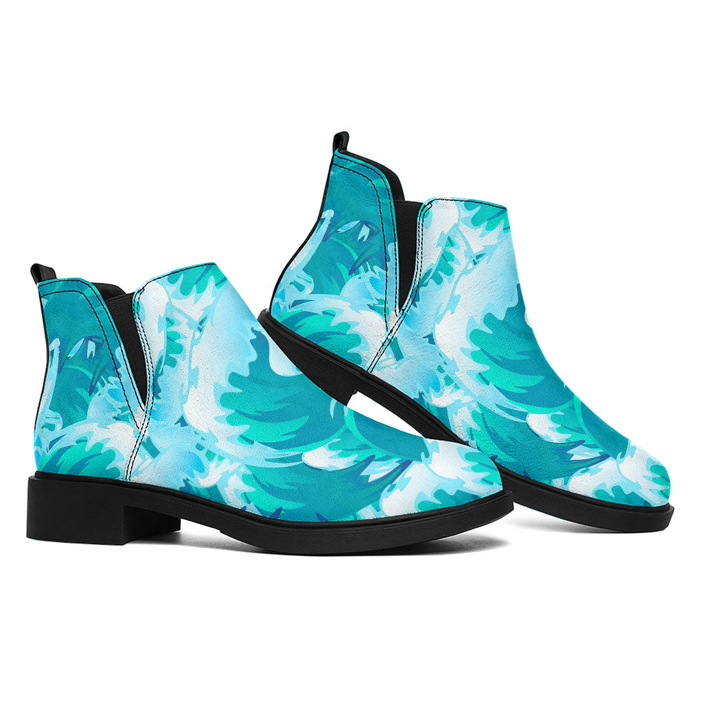 Blue Surfing Wave Pattern Print Flat Ankle Boots