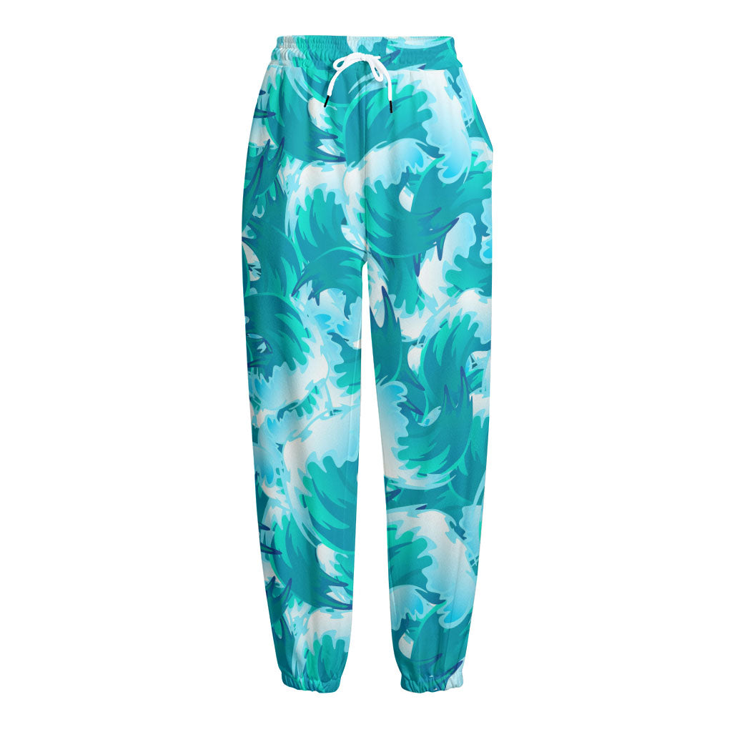 Blue Surfing Wave Pattern Print Fleece Lined Knit Pants
