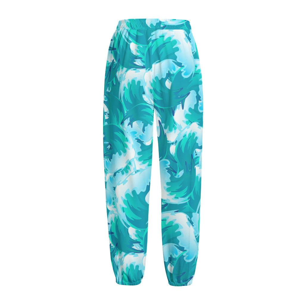 Blue Surfing Wave Pattern Print Fleece Lined Knit Pants