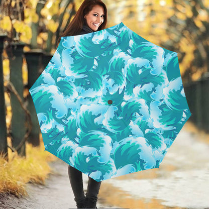Blue Surfing Wave Pattern Print Foldable Umbrella