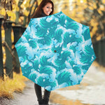 Blue Surfing Wave Pattern Print Foldable Umbrella