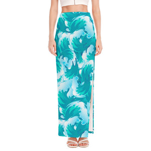 Blue Surfing Wave Pattern Print High Slit Maxi Skirt